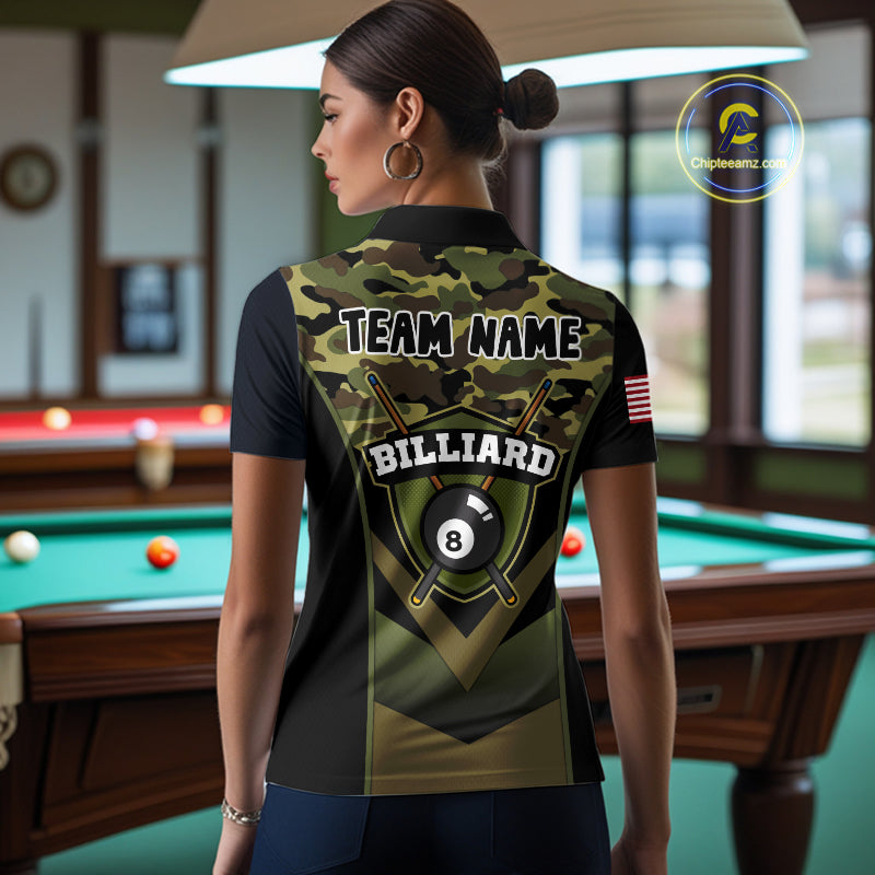 Personalized Green Camo 8 Ball Pool Billiard Shirt For Women, Billiard Team Jersey Polo & 1/4 Zip TDM6076