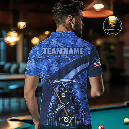 Personalized Grim Reaper Blue Camo Billiard Shirts For Men Custom Military Billiard Jerseys TDM3985