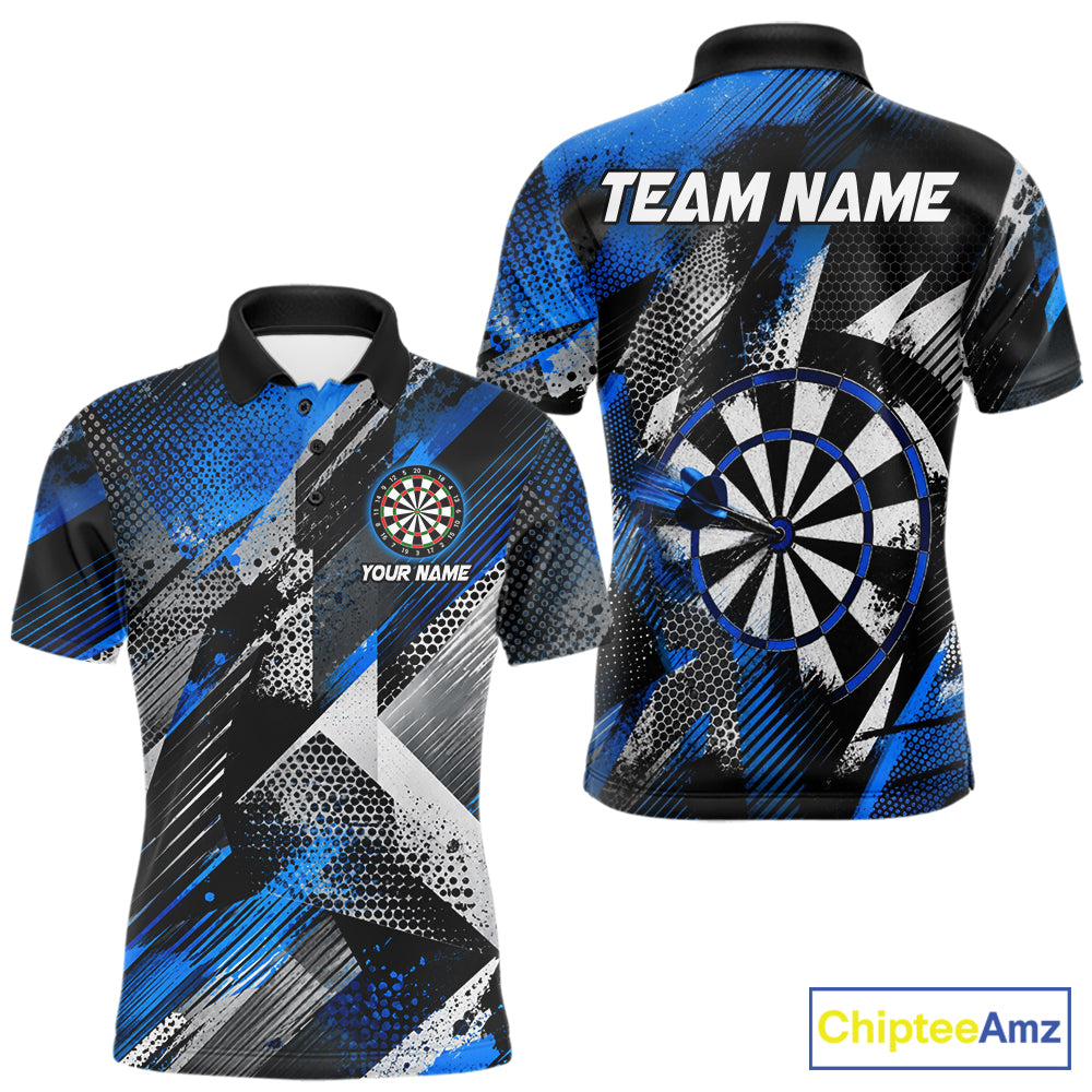 Personalized Blue Geometric Grunge Darts Shirt For Men Custom Darts Team Jersey Polo & 1/4 Zip TDM6507