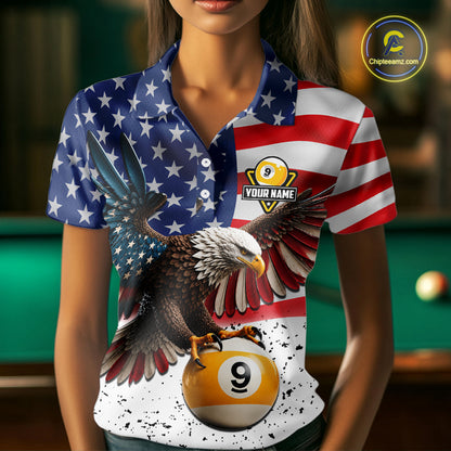 White Grunge American Flag Eagle 9 Ball Billiard Shirts For Women Custom Patriotic Pool Team Jersey TDM7244
