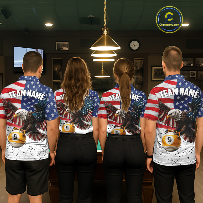 White Grunge American Flag Eagle 9 Ball Billiard Shirts For Women Custom Patriotic Pool Team Jersey TDM7244