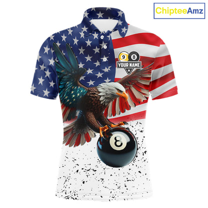 Custom Grunge American Flag Eagle 8 Ball 9 Ball Billiard Shirts For Men, Patriotic Pool Team Jersey TDM7245
