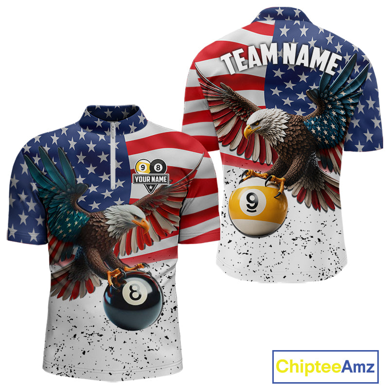 Custom Grunge American Flag Eagle 8 Ball 9 Ball Billiard Shirts For Men, Patriotic Pool Team Jersey TDM7245