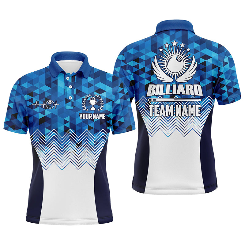 Personalized 3D White Blue Billiard Polo Shirts For Men, Best Billiard Player Gifts TDM0107