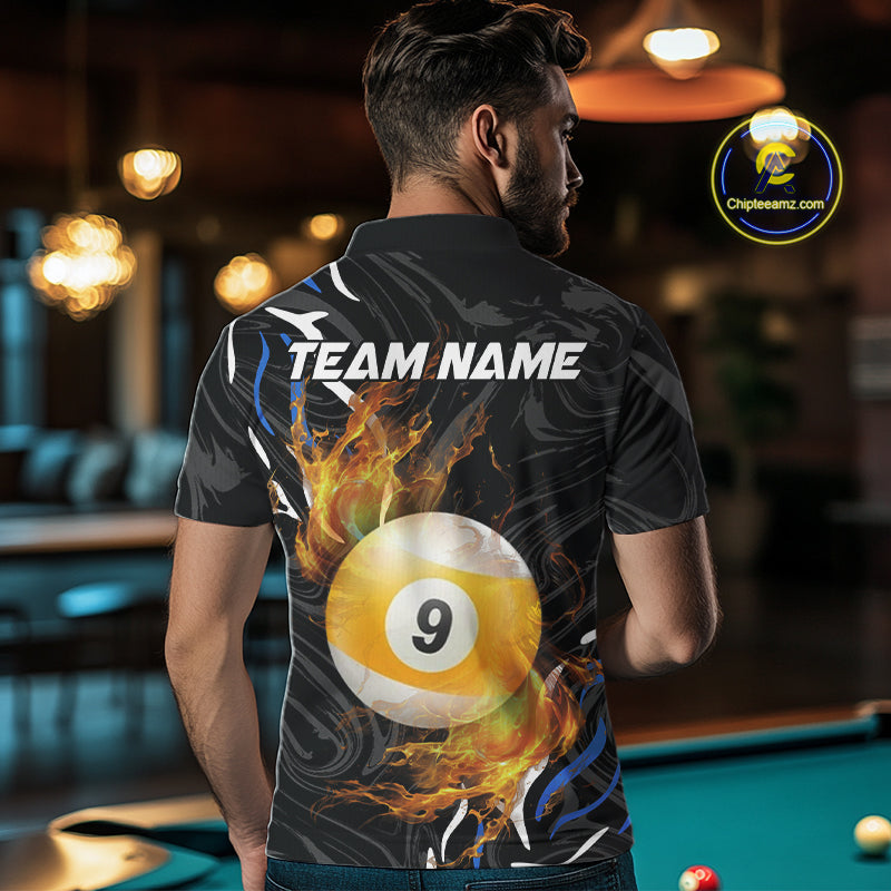 Personalized 8 Ball & 9 Ball Fire Flame Men Billiard Shirt, Billiard Jersey For Team Pooler |Blue TDM5209