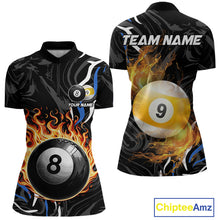 Load image into Gallery viewer, Personalized 8 Ball &amp; 9 Ball Fire Flame Women Billiard Shirt, Billiard Jersey For Team Pooler |Blue TDM5209