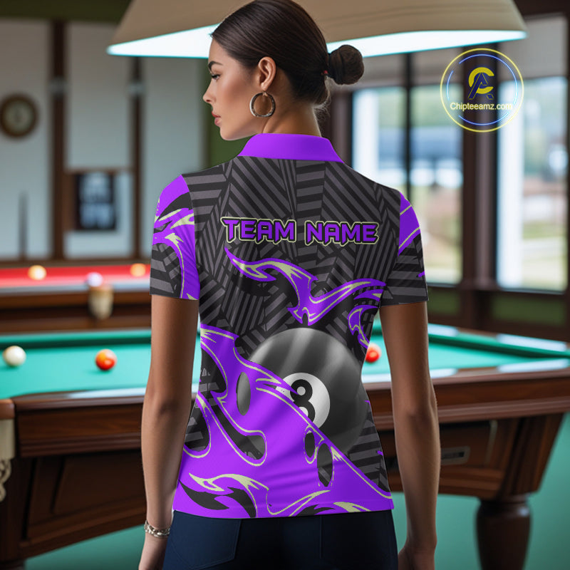 Custom Black Purple 8 Ball Tribal Flame Billiard Shirt For Women, Pool Team Jersey Polo & 1/4 Zip TDM5723