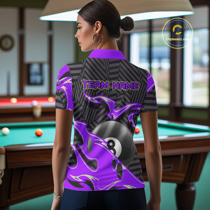 Custom Black Purple 8 Ball Tribal Flame Billiard Shirt For Women, Pool Team Jersey Polo & 1/4 Zip TDM5723