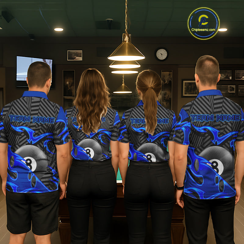 Custom Black And Blue 8 Ball Tribal Flame Billiard Shirt For Women, Pool Team Jersey Polo & 1/4 Zip TDM5724