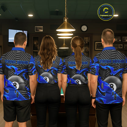 Custom Black And Blue 8 Ball Tribal Flame Billiard Shirt For Women, Pool Team Jersey Polo & 1/4 Zip TDM5724