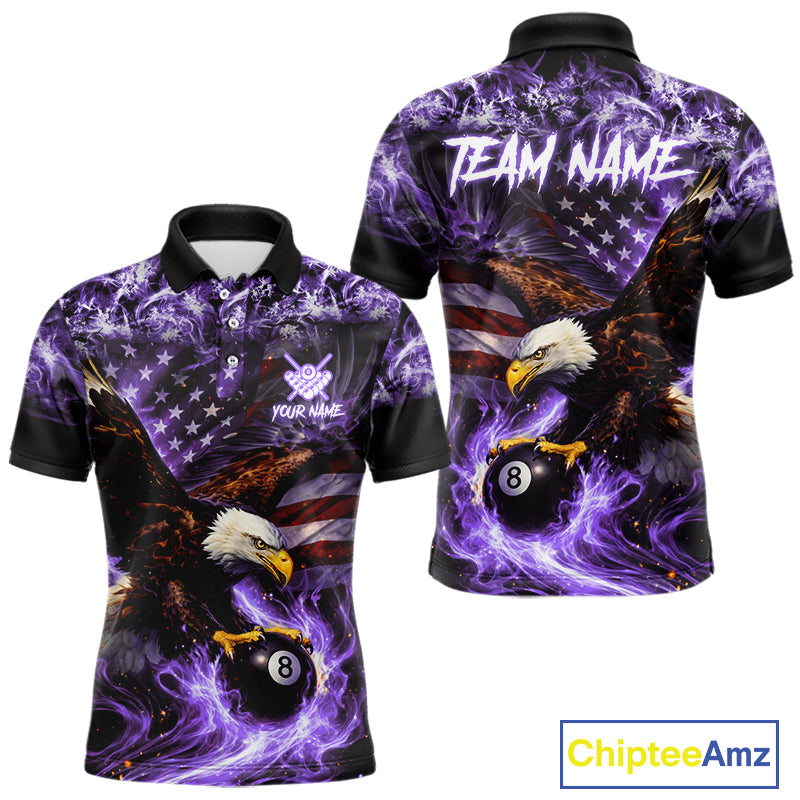 Purple Flaming Eagle 8 Ball Pool Billiard Shirt For Men Custom American Flag Billiard Team Jersey TDM5728