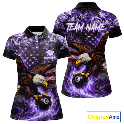 Purple Flaming Eagle 8 Ball Pool Billiard Shirt For Women Custom American Flag Billiard Team Jersey TDM5728