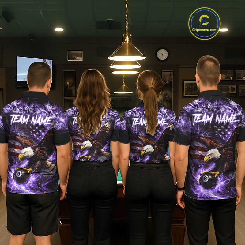 Purple Flaming Eagle 8 Ball Pool Billiard Shirt For Women Custom American Flag Billiard Team Jersey TDM5728