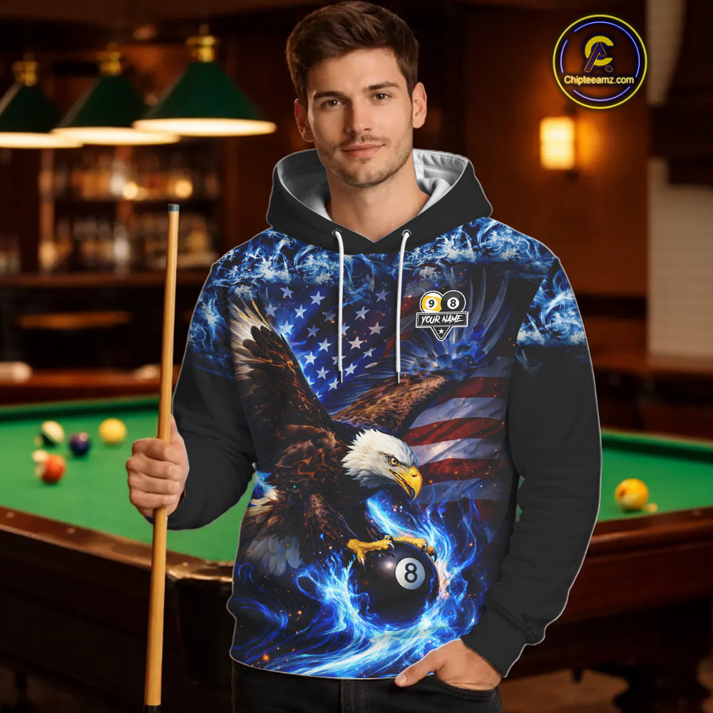 Blue Flaming Eagle 8 Ball 9 Ball Pool Hoodie For Men And Women Custom American Flag Billiard Hoodie TDM5729