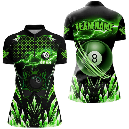 Custom Green Icy Lightning 8 Ball Pool Women Quarter-Zip Shirts, Billiard Team League Jersey TDM1443