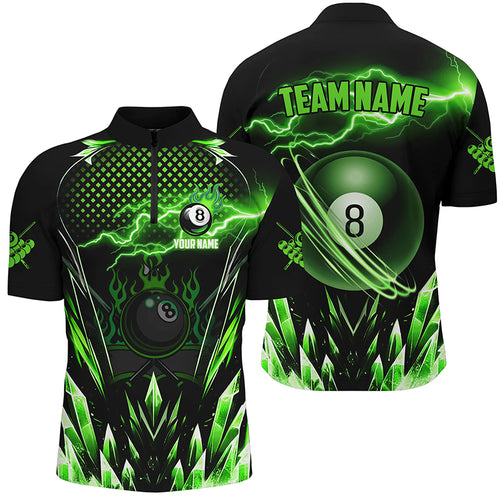 Custom Green Icy Lightning 8 Ball Pool Men Quarter-Zip Shirts, Billiard Team League Jersey TDM1443