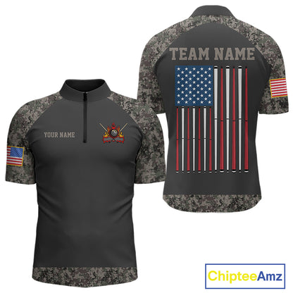 Personalized Retro Camo US Flag Billiard Shirt For Men, 8 Ball Pool Team Jersey Polo & 1/4 Zip TDM6336