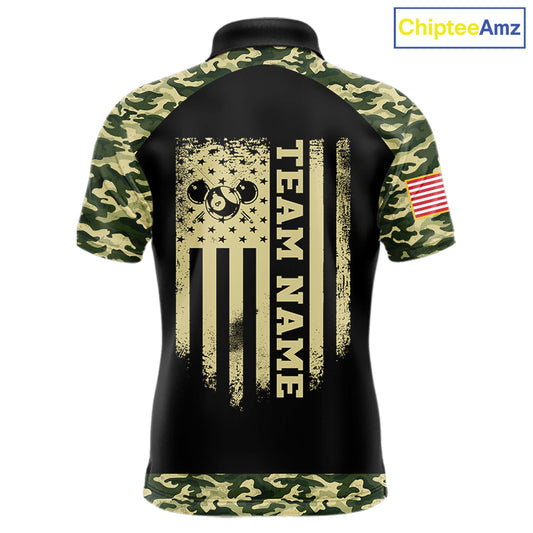 Personalized Green Camo US Flag Billiard Shirt For Men Custom Pool Team Jersey Polo & 1/4 Zip TDM6337
