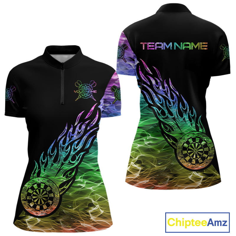 Colorful Rainbow Fire Flame Darts Polo & Quarter Zip Custom Dart Shirt For Women Dart Jerseys TDM3995