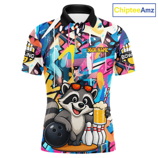 Funny Raccoon Colorful Graffiti Bowling Shirts For Men, Best Bowling Team Jersey Polo & 1/4 Zip TDM6512