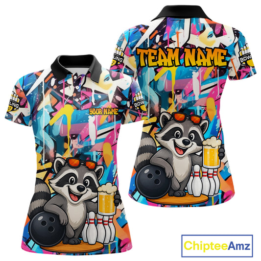 Funny Raccoon Colorful Graffiti Bowling Shirts For Women, Best Bowling Team Jersey Polo & 1/4 Zip TDM6512