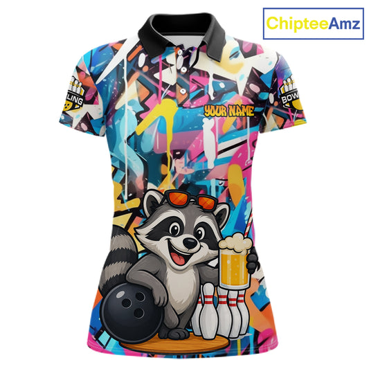 Funny Raccoon Colorful Graffiti Bowling Shirts For Women, Best Bowling Team Jersey Polo & 1/4 Zip TDM6512