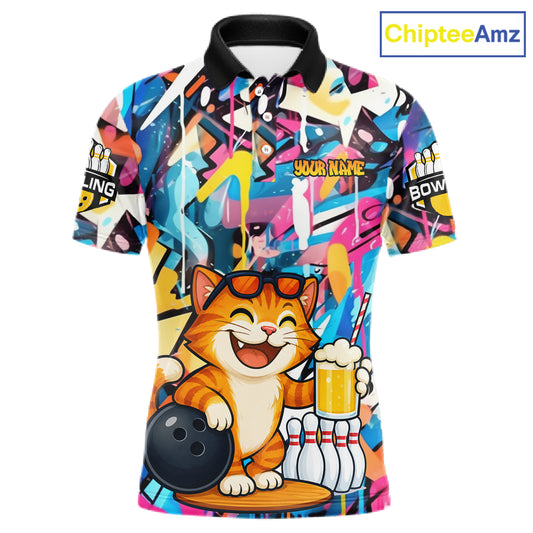 Funny Cat Colorful Graffiti Bowling Shirts For Men, Best Bowling Team Jersey Polo & 1/4 Zip TDM6513
