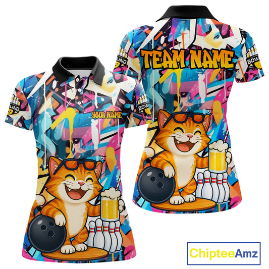 Funny Cat Colorful Graffiti Bowling Shirts For Women, Best Bowling Team Jersey Polo & 1/4 Zip TDM6513