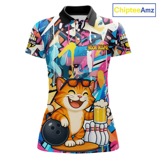 Funny Cat Colorful Graffiti Bowling Shirts For Women, Best Bowling Team Jersey Polo & 1/4 Zip TDM6513
