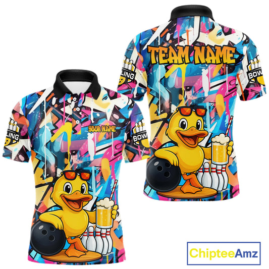 Funny Duck Colorful Graffiti Bowling Shirts For Men, Best Bowling Team Jersey Polo & 1/4 Zip TDM6514