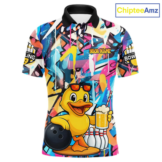 Funny Duck Colorful Graffiti Bowling Shirts For Men, Best Bowling Team Jersey Polo & 1/4 Zip TDM6514