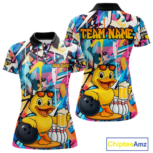 Funny Duck Colorful Graffiti Bowling Shirts For Women, Best Bowling Team Jersey Polo & 1/4 Zip TDM6514
