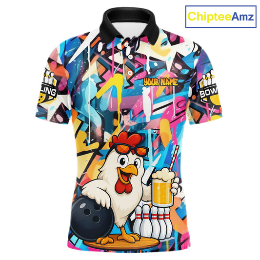 Funny Chicken Colorful Graffiti Bowling Shirts For Men, Best Bowling Team Jersey Polo & 1/4 Zip TDM6515