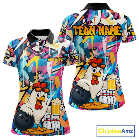 Funny Chicken Colorful Graffiti Bowling Shirts For Women, Best Bowling Team Jersey Polo & 1/4 Zip TDM6515