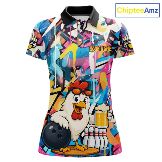 Funny Chicken Colorful Graffiti Bowling Shirts For Women, Best Bowling Team Jersey Polo & 1/4 Zip TDM6515