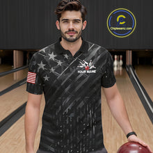 Load image into Gallery viewer, Man wearing a black American flag wings bowling polo shirt at a bowling alley front view.