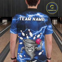 Load image into Gallery viewer, Back view of man wearing a blue thunder lightning tornado bowling polo shirt inside a bowling alley.