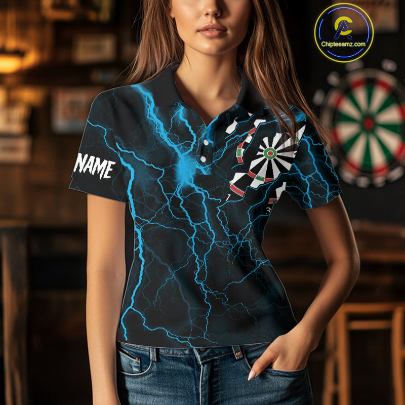 Personalized Blue Thunder Lightning Dart Shirt For Women Custom Darts League Jersey Polo & 1/4 Zip TDM4352