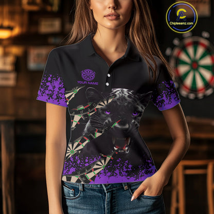 Black And Purple Grunge Panther Darts Shirt Polo & Quarter Zip For Women Custom Darts Team Jersey TDM4583