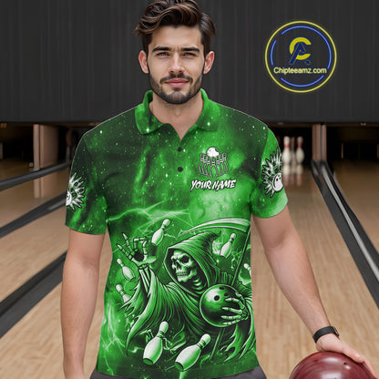 Funny Green Grim Reaper Galaxy Bowling Shirt For Men Custom Bowling Team Jersey Polo & 1/4 Zip TDM7247