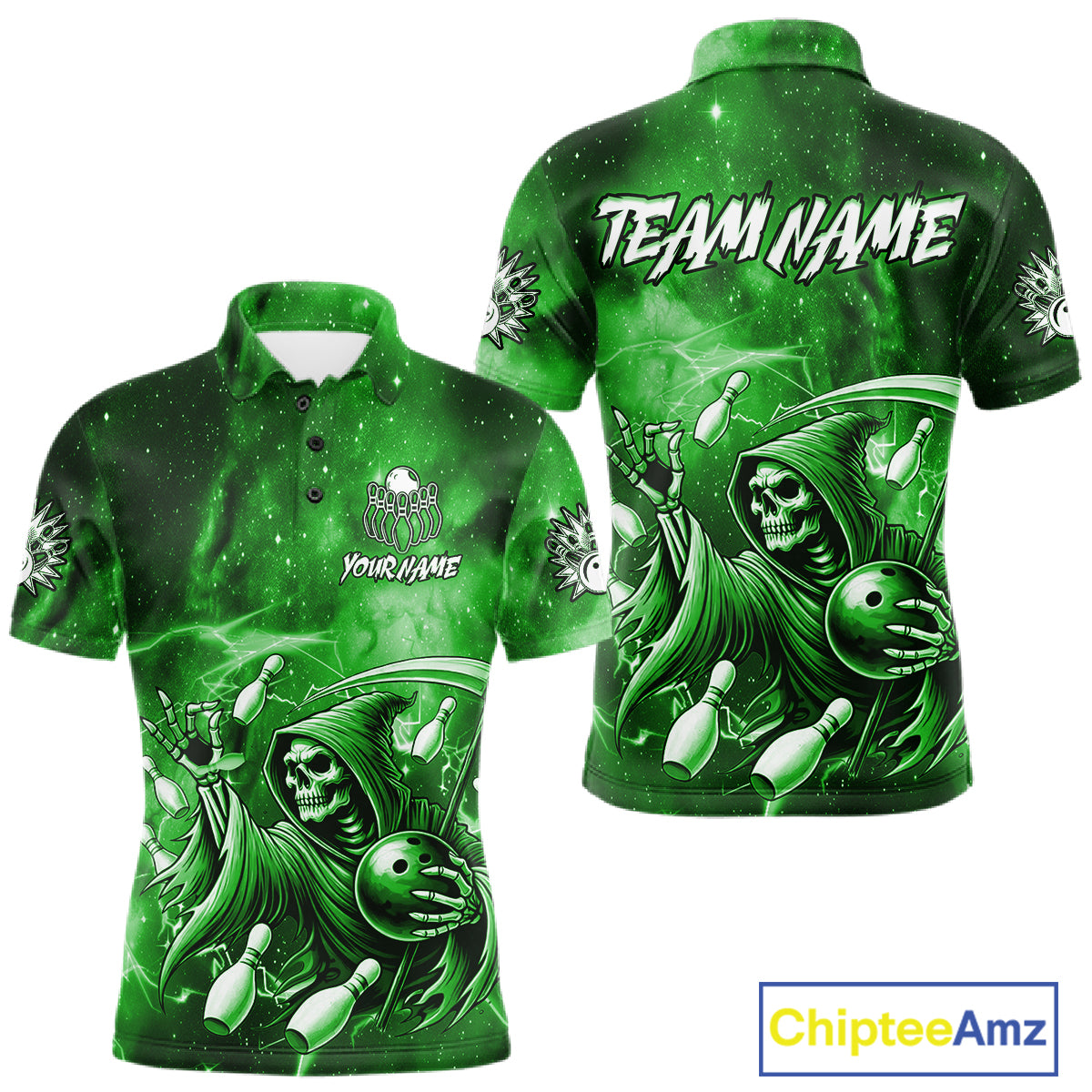 Funny Green Grim Reaper Galaxy Bowling Shirt For Men Custom Bowling Team Jersey Polo & 1/4 Zip TDM7247