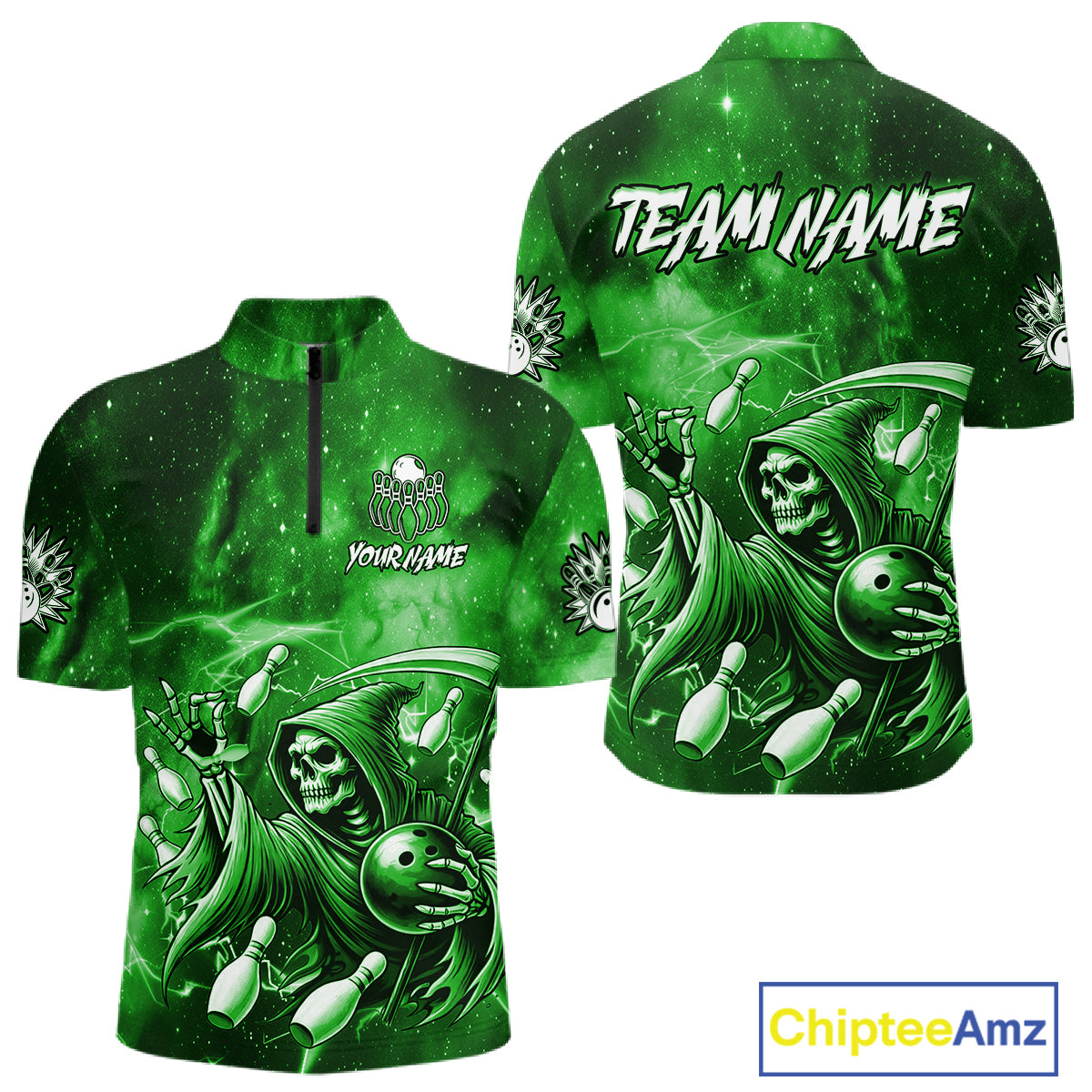Funny Green Grim Reaper Galaxy Bowling Shirt For Men Custom Bowling Team Jersey Polo & 1/4 Zip TDM7247