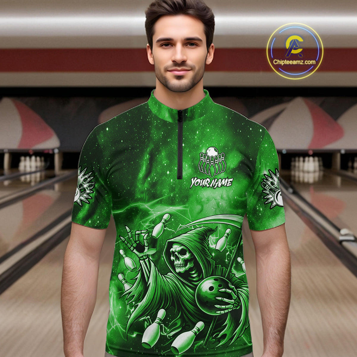 Funny Green Grim Reaper Galaxy Bowling Shirt For Men Custom Bowling Team Jersey Polo & 1/4 Zip TDM7247