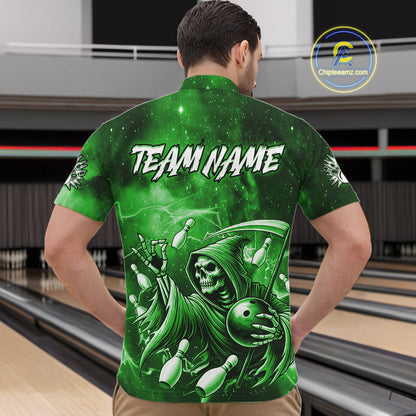 Funny Green Grim Reaper Galaxy Bowling Shirt For Men Custom Bowling Team Jersey Polo & 1/4 Zip TDM7247