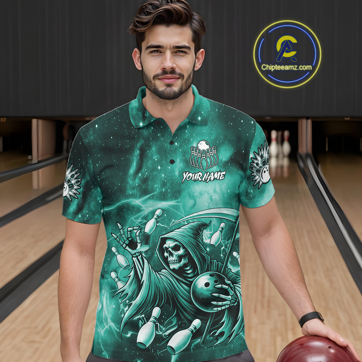 Funny Teal Grim Reaper Galaxy Bowling Shirt For Men Custom Bowling Team Jersey Polo & 1/4 Zip TDM7248
