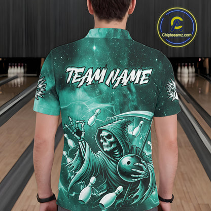 Funny Teal Grim Reaper Galaxy Bowling Shirt For Men Custom Bowling Team Jersey Polo & 1/4 Zip TDM7248