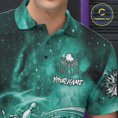 Funny Teal Grim Reaper Galaxy Bowling Shirt For Men Custom Bowling Team Jersey Polo & 1/4 Zip TDM7248