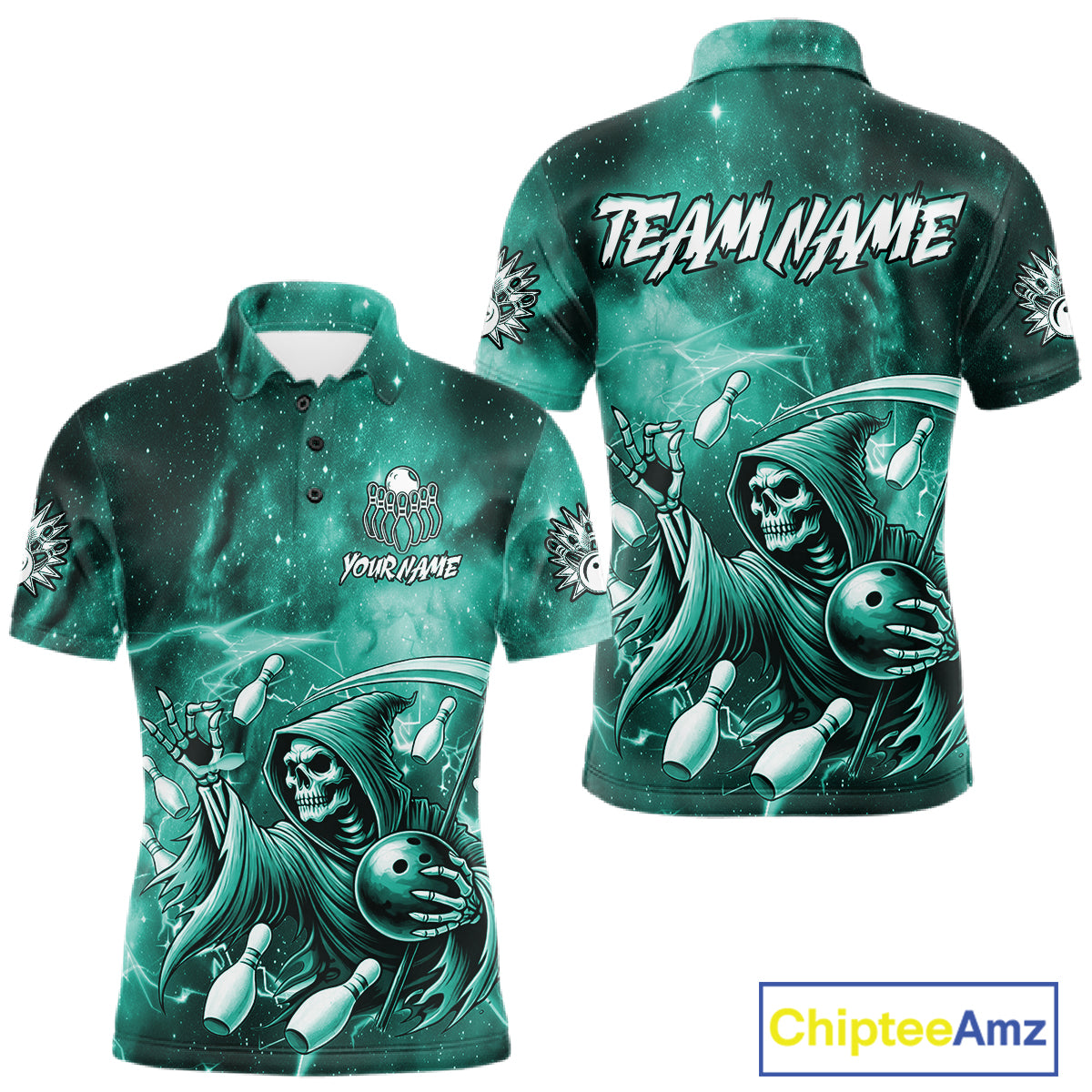 Funny Teal Grim Reaper Galaxy Bowling Shirt For Men Custom Bowling Team Jersey Polo & 1/4 Zip TDM7248