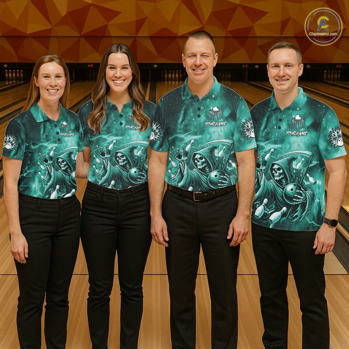 Funny Teal Grim Reaper Galaxy Bowling Shirt For Men Custom Bowling Team Jersey Polo & 1/4 Zip TDM7248