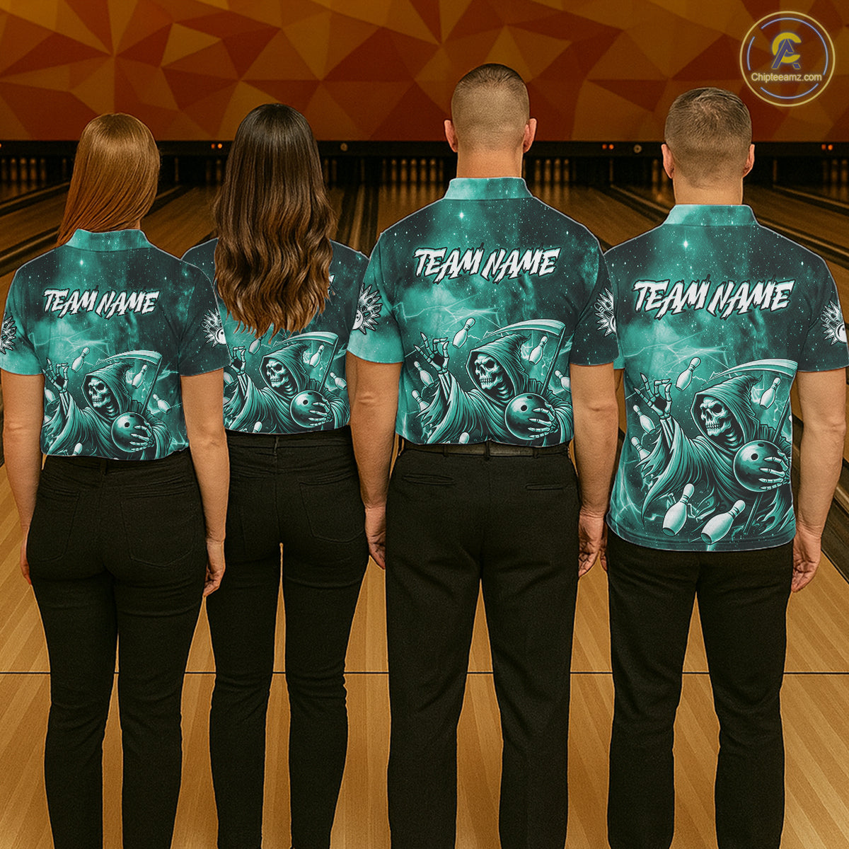 Funny Teal Grim Reaper Galaxy Bowling Shirt For Men Custom Bowling Team Jersey Polo & 1/4 Zip TDM7248